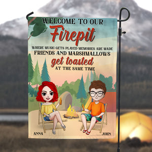 Personalized Camping Flag Friends Drinking Beside Bonfire - Flag - GoDuckee