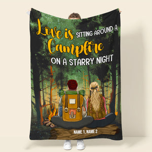 Personalized Camping & Hiking Couple Blanket - Love Is Sitting Around A Campfire On A Starry Night - Blanket - GoDuckee