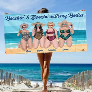 Beachin' And Boozin' With My Besties - Personalized Beach Towel - Gifts For Big Sister, Sistas, Girls Trip - Floral & Leopard Pattern - Beach Towel - GoDuckee