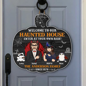 Welcome To Our Haunted House Personalized Halloween Family Wood Sign Gift For Cat Lovers - Wood Sign - GoDuckee