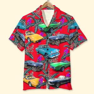 Custom Classic Car Photo Hawaiian Shirt, Purple Parrot Seamless Pattern, Gift For Car Lovers (Car0902) - Hawaiian Shirts - GoDuckee