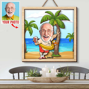 Funny Old Man On The Beach Wood Sign, Personalized 2 Layers Wood Sign, Gift For Grandpa, Father, Father's Day, Birthday Gift - Wood Sign - GoDuckee