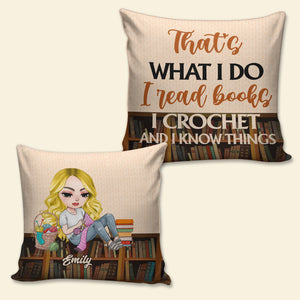 Crochet Book That's What I Do - Personalized Pillow - Girl Sitting Knitting - Pillow - GoDuckee