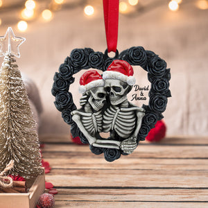 Skeleton Couple (No Names) - Personalized Ornament, Black Rose Heart Shape, Christmas Tree Decor - Ornament - GoDuckee