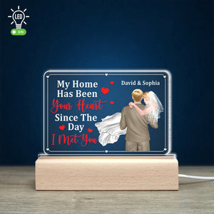 Newly Wedding Couple Led Light My Home Has Been Your Heart, Gift For Husband, Personalized 3D Led Light Wooden Base - Led Night Light - GoDuckee