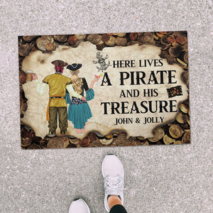 Personalized Pirate Couple Doormat - Here Lives A Pirate And His Treasure - Vintage Coin Theme - Doormat - GoDuckee