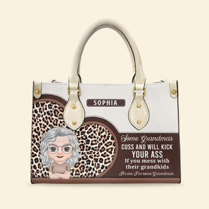 Kick Your Ass If Messing With Their Grandkids, Personalized Leather Bag, Birthday Gift For Grandma - Leather Bag - GoDuckee