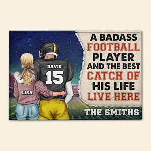 Personalized Football Couple Doormat - A Badass Football Player & The Best Catch Of His Life Live Here - Doormat - GoDuckee
