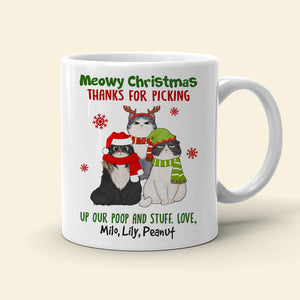 Meowy Christmas Thanks For Picking Up Our Stuff, Personalized Cat Christmas Mug, Christmas Gift - Coffee Mug - GoDuckee