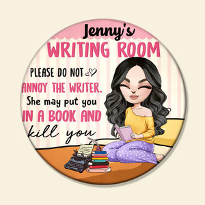 Please Do Not Annoy The Writer - Personalized Round Wooden Sign - Gift For Book Lover - Wood Sign - GoDuckee