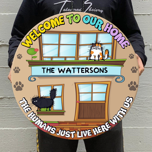 Personalized Cat Lovers Round Wooden Sign - The Humans Just Live Here With Us - Custom Cartoon Cats - Wood Sign - GoDuckee