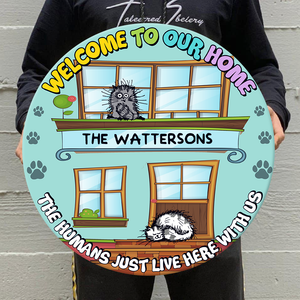 Personalized Cat Lovers Round Wooden Sign - The Humans Just Live Here With Us - Custom Cartoon Cats - Wood Sign - GoDuckee