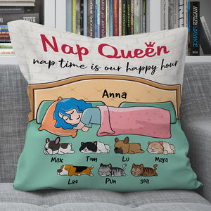 Nap Queen Nap Time Is Our Happy Hour Personalized Dog Cat Pillow Gift For Cat Lovers, Dog Lovers - Pillow - GoDuckee
