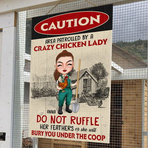 Caution Area Patrolled By A Crazy Chicken Lady Personalized Farmer Metal Sign Gift For Her - Metal Wall Art - GoDuckee