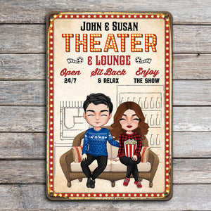 Theater & Lounge Sit Back & Relax Personalized Movie Couple Metal Sign, Gift For Couple - Metal Wall Art - GoDuckee