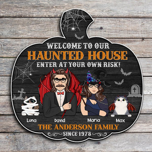 Welcome To Our Haunted House Personalized Halloween Family Wood Sign Gift For Cat Lovers - Wood Sign - GoDuckee