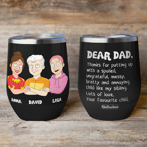 Cartoon Father & 2 Daughters - Personalized Wine Tumbler - Dear Dad, Thanks For Putting Up - Wine Tumbler - GoDuckee