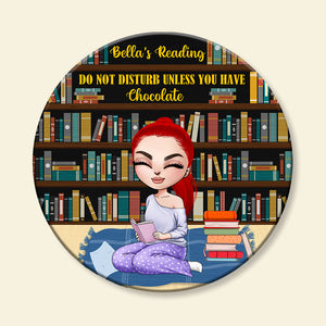 Do Not Disturb Unless You Have - Personalized Round Wooden Sign - Gift For Book Lover - Girl Sitting Reading Book - Wood Sign - GoDuckee
