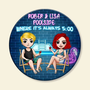 Personalized Pool Friends Round Wooden Sign - Where It's Always 5:00 - Wood Sign - GoDuckee