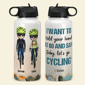 Personalized Cycling Couple Water Bottle - At 80 Baby Let's Go Cycling - Cycling Front View - Water Bottles - GoDuckee