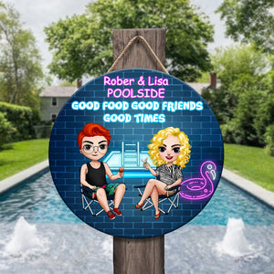 Personalized Pool Friends Round Wooden Sign - Good Food Good Friends Good Times - Wood Sign - GoDuckee