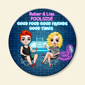 Personalized Pool Friends Round Wooden Sign - Good Food Good Friends Good Times - Wood Sign - GoDuckee