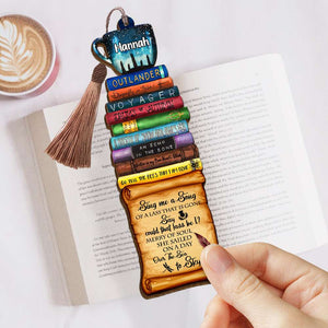 Outlander Wooden Bookmark - Sing Me A Song of A Lass Bookstack - Custom Name - Coffee Cup & Stack Of Books - Bookmarks - GoDuckee