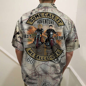 Personalized Biker Couple Hawaiian Shirt - Some Call It Adventure We Call It Life - Palm Tree Pattern - Hawaiian Shirts - GoDuckee