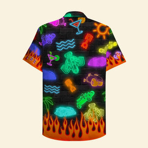 Personalized Hot Rod Hawaiian Shirt - Dad's Hot Rod Garage - Led Night Print, Beach Pattern - Hawaiian Shirts - GoDuckee