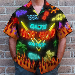 Personalized Hot Rod Hawaiian Shirt - Dad's Hot Rod Garage - Led Night Print, Beach Pattern - Hawaiian Shirts - GoDuckee