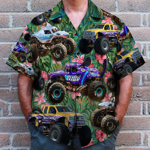 Monster Truck Hawaiian Shirt - Custom Car Photo - Floral Pattern - Hawaiian Shirts - GoDuckee