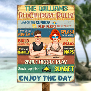 Personalized Hawaii Wreath Couple Metal Sign - Beach House Rules Enjoy The Day - Metal Wall Art - GoDuckee