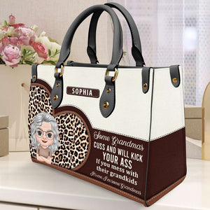 Kick Your Ass If Messing With Their Grandkids, Personalized Leather Bag, Birthday Gift For Grandma - Leather Bag - GoDuckee