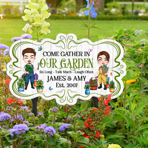 Come Gather In Our Garden, Personalized Metal Sign, Gift For Gardening Couple - Metal Wall Art - GoDuckee