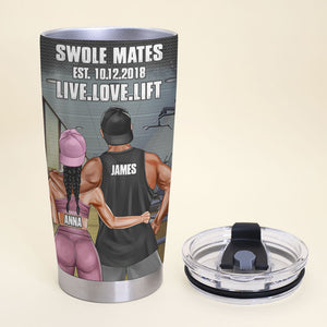 Personalized Gym Couple Tumbler - Sex Weights & Protein Shakes, Gym Couple Hugging Back View - Tumbler Cup - GoDuckee