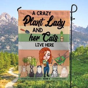 Personalized Gifts For A Crazy Plant Lady. Gardening Doll Girls, And Her Cats Live Here Custom Flag - Flag - GoDuckee