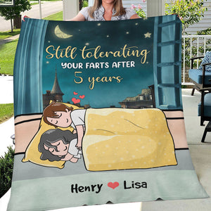 Personalized Cartoon Sleeping Couple Blanket - Still Tolerating Your Farts After 5 Years - Blanket - GoDuckee