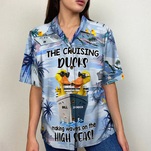 Personalized Cruising Duck Couple Hawaiian Shirt - Making Waves On The High Seas - Cruise & Palm Treen Pattern - Hawaiian Shirts - GoDuckee