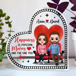Happiness Is Popcorn Movie And The One You Love, Personalized Heart Shaped Acrylic Plaque - Decorative Plaques - GoDuckee