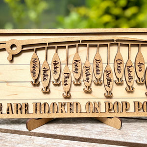 Fishing Hooked On Papa, Personalized Layered Wood Sign Stand, Gifts for Fishing Dads, Grandpas - Wood Sign - GoDuckee