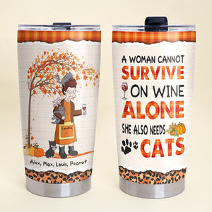 Personalized Cat Mom Personalized - Autumn Woman Cannot Survive On Wine Alone - Tumbler Cup - GoDuckee