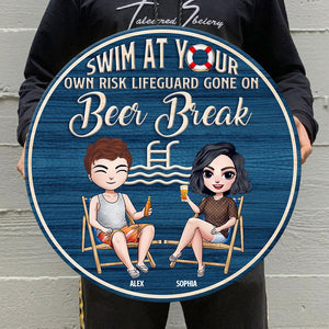 Personalized Swimming Round Wooden Sign Couple Drinking At Swimming Pool - Wood Sign - GoDuckee
