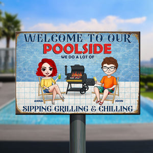 Personalized Pool Metal Sign Couple Relaxing At Swimming Pool - Metal Wall Art - GoDuckee