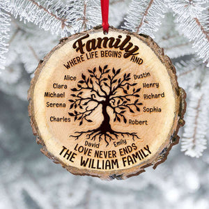 Where Life Begins And Love Never Ends, Personalized Family Tree Wood Ornament - Ornament - GoDuckee