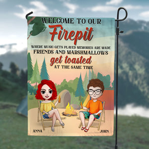 Personalized Camping Flag Friends Drinking Beside Bonfire - Flag - GoDuckee