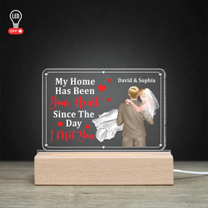 Newly Wedding Couple Led Light My Home Has Been Your Heart, Gift For Husband, Personalized 3D Led Light Wooden Base - Led Night Light - GoDuckee