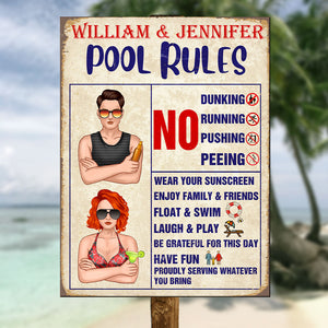 Personalized Swimming Pool Couple Metal Sign - Pool Rules - Metal Wall Art - GoDuckee