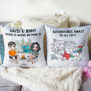 Personalized Camping Pillow Couple Drinking Beside Bonfire - Pillow - GoDuckee