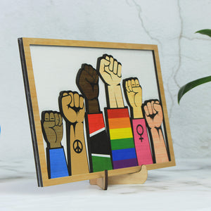 Human Rights Raising Hands For Equality Layered Wood Sign Stand - Wood Sign - GoDuckee