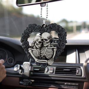 Personalized Skeleton Couple Car Ornament And Keychain, Black Rose Heart Shape - Ornament - GoDuckee